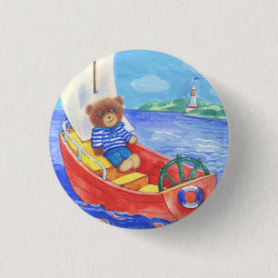 Badge Rond 2,50 Cm broche pour bébé - ours dans un bateau sur la mer