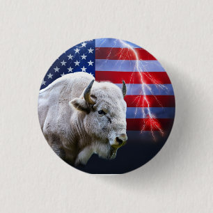 Badge Rond 2,50 Cm Buffle Blanc Avec Drapeau Américain Et Éclair