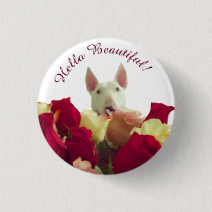 Badge Rond 2,50 Cm Bull terrier avec salutation rose - Hello Beautifu