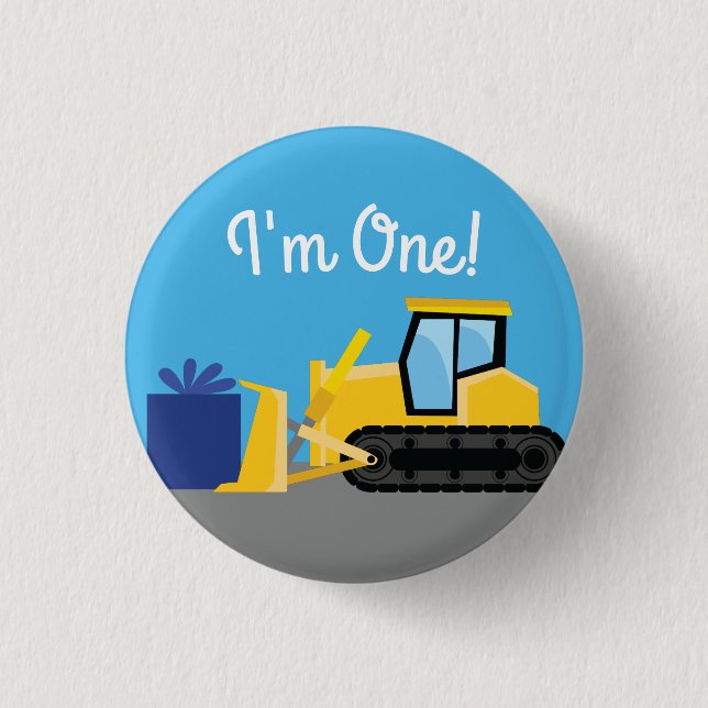 Badge Rond 2,50 Cm Bulldozer Cute 1er Anniversaire Fête Construction (Devant)