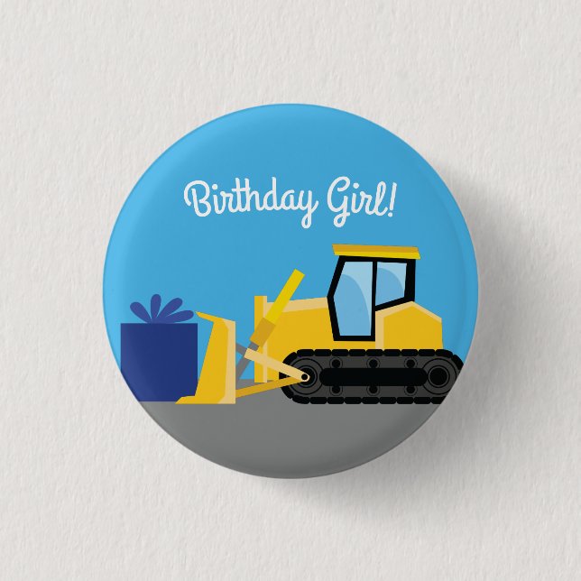 Badge Rond 2,50 Cm Bulldozer Cute 1er Anniversaire Fête Construction (Devant)