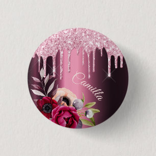 Badge Rond 2,50 Cm Burgundy rose parties scintillant goutte métal nom