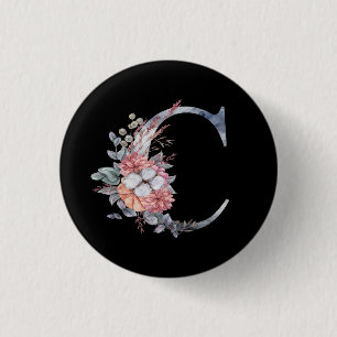 Badge Rond 2,50 Cm C Monogramme Floral Personnalisé Bleu