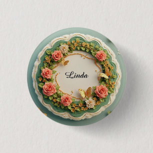Badge Rond 2,50 Cm Cadre floral vert élégant avec roses roses