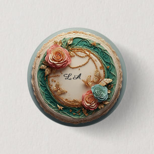 Badge Rond 2,50 Cm Cadre floral vert élégant avec roses roses