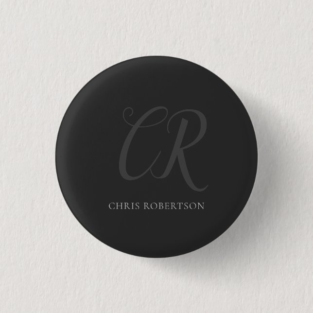 Badge Rond 2,50 Cm Calligraphie Monogramme Nom Black Grey Cadeau pers (Devant)
