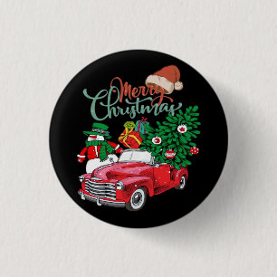 Badge Rond 2,50 Cm Camionnette Rouge Ramassage Arbre de Noël Joyeux N