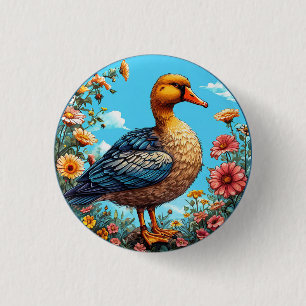 Badge Rond 2,50 Cm Canard Coloré Debout Parmi Des Fleurs Vibrantes