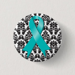 Badge Rond 2,50 Cm Cancer de l'ovaire Damas ruban Turquoise