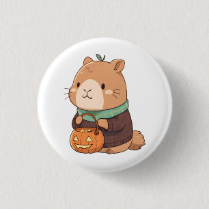 Badge Rond 2,50 Cm Capybara Coquet dans un Pull Citrouille aux Feuill
