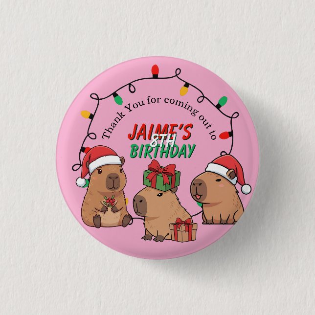 Badge Rond 2,50 Cm Capybara Rose Noël Anniversaire (Devant)