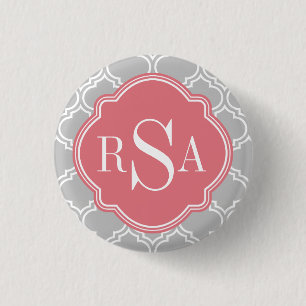 Badge Rond 2,50 Cm Carreaux gris Motif Monogramme rose
