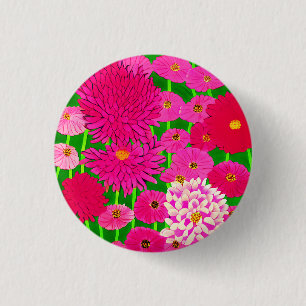 Badge Rond 2,50 Cm Cercle de fleurs, Chrysanthèmes rose Fuchsia