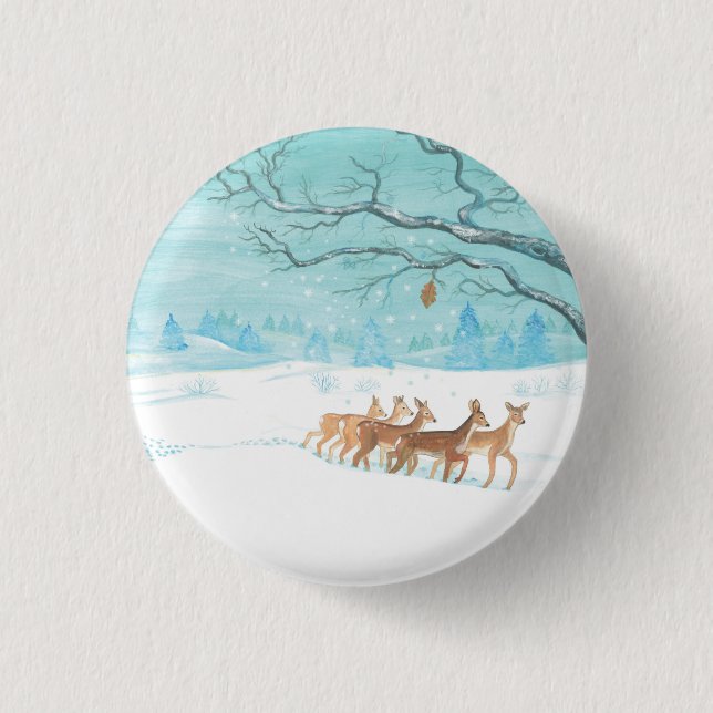Badge Rond 2,50 Cm Cerf de chevreuil dans le bois d'hiver couvert de  (Devant)