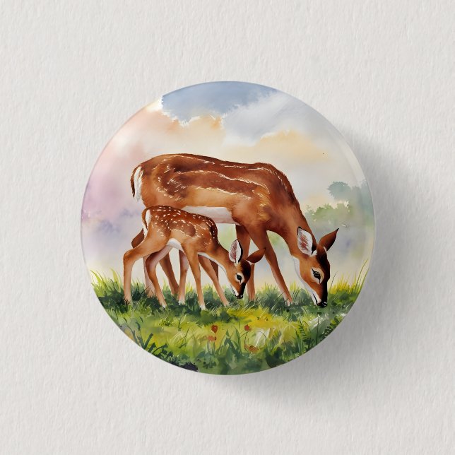 Badge Rond 2,50 Cm Cerf peint Mère et Bébé (Devant)