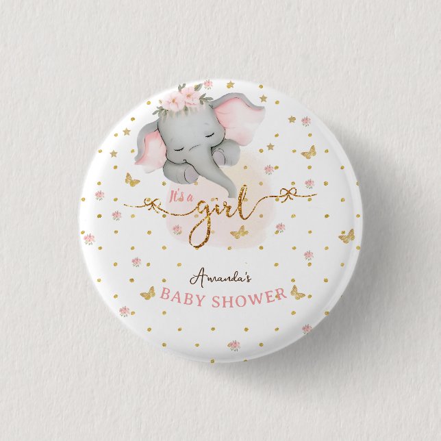 Badge Rond 2,50 Cm C'est une petite fille rose éléphant bébé douche (Devant)