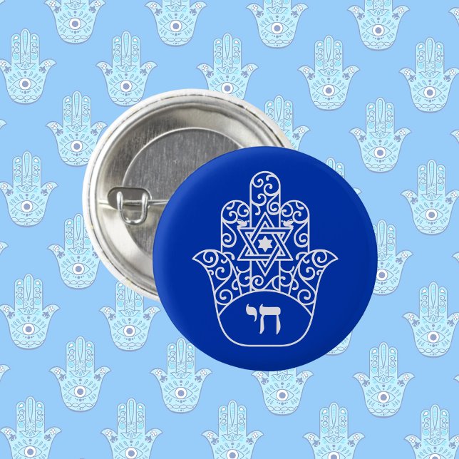 Badge Rond 2,50 Cm Chai Hamsa en bleu et blanc Star de David (Créateur téléchargé)