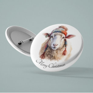 Badge Rond 2,50 Cm Chapeau d'hiver Mouton de Noël Texte personnalisé