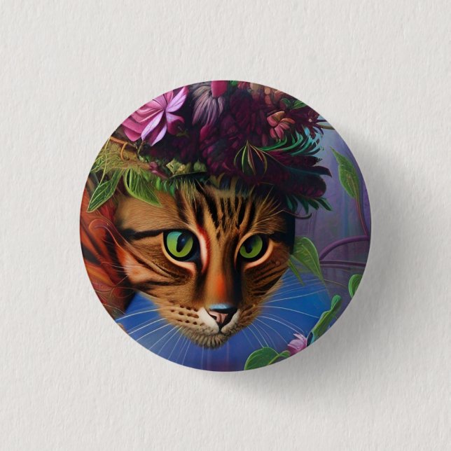 Badge Rond 2,50 Cm chat à fleurs art casquette (Devant)