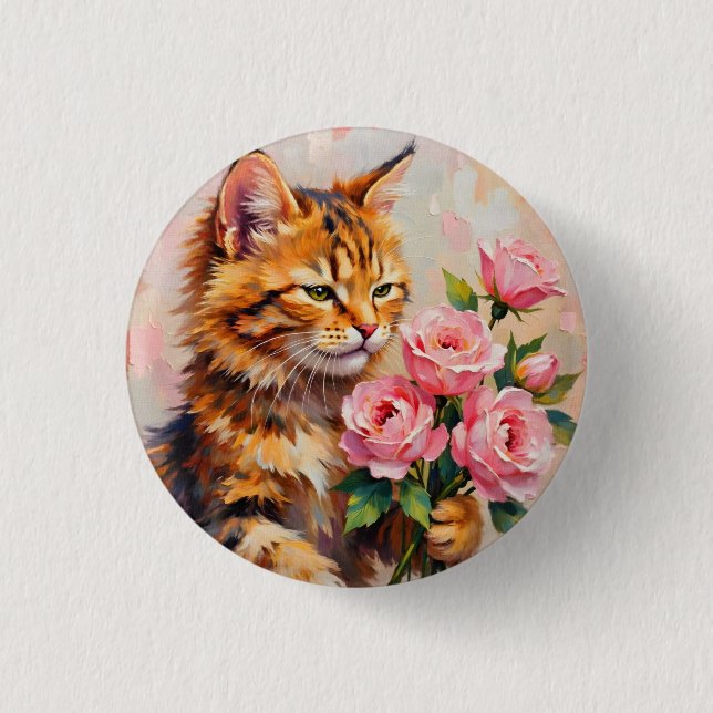 Badge Rond 2,50 Cm Chat avec Rose (Devant)