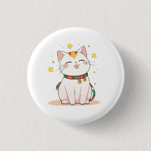Badge Rond 2,50 Cm Chat Chanceux avec Étoiles Design Kawaii