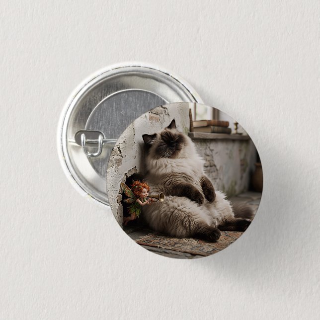 Badge Rond 2,50 Cm Chat himalayen et Pixie Réveil Surprise  (Devant & derrière)