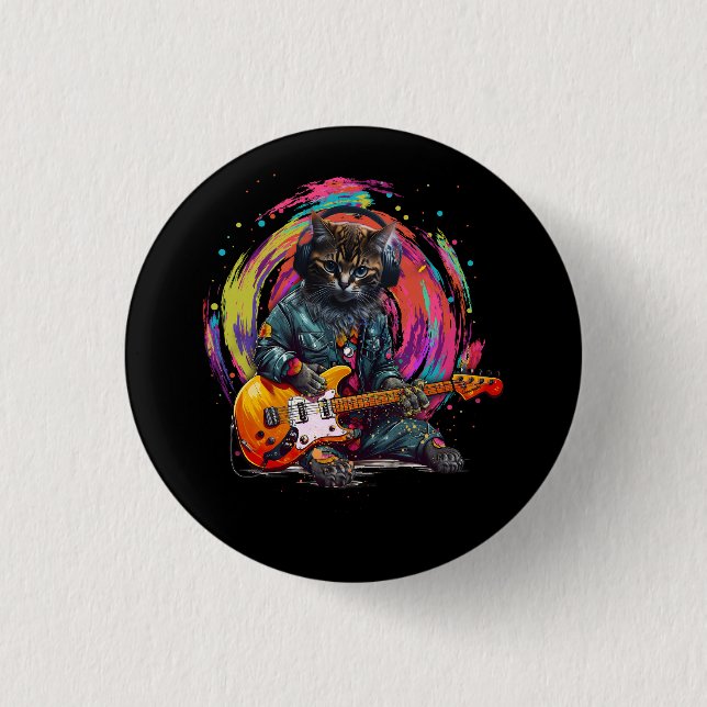 Badge Rond 2,50 Cm Chat Jouer Guitare Électrique Rock Heavy Metal Mus (Devant)