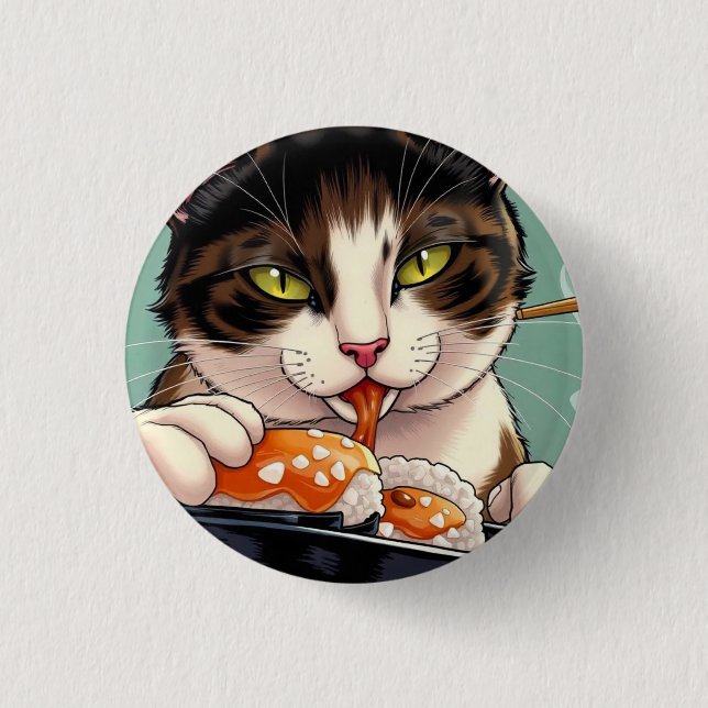Badge Rond 2,50 Cm Chat Manger Du Sushi (Devant)