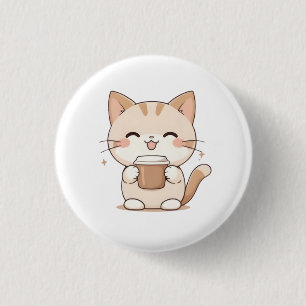 Badge Rond 2,50 Cm Chat Mignon Buvant du Café Design Kawaii