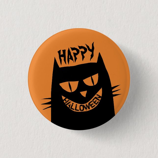 Badge Rond 2,50 Cm Chat noir d'Halloween déplaisant sur Orange (Devant)