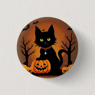 Badge Rond 2,50 Cm Chat noir d'Halloween entouré de citrouilles