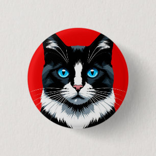 Badge Rond 2,50 Cm Chat noir et blanc aux yeux bleus vifs