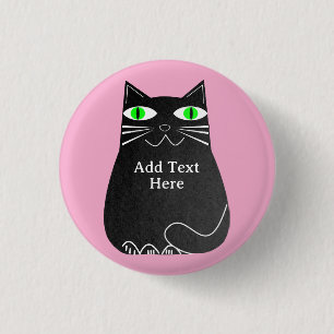 Badge Rond 2,50 Cm Chat noir gras avec yeux verts Texte personnalisé