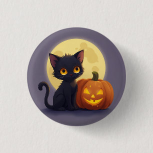 Badge Rond 2,50 Cm Chat noir mignon avec Citrouille sculpté brillant