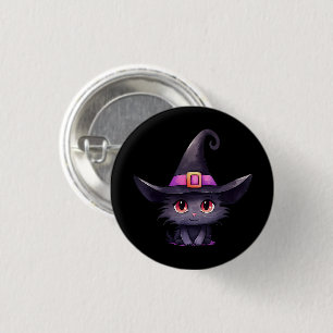Badge Rond 2,50 Cm Chat noir mignon portant un Casquette de sorcière
