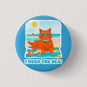 Badge Rond 2,50 Cm Chat roux sur la plage J'ai besoin de la mer Été