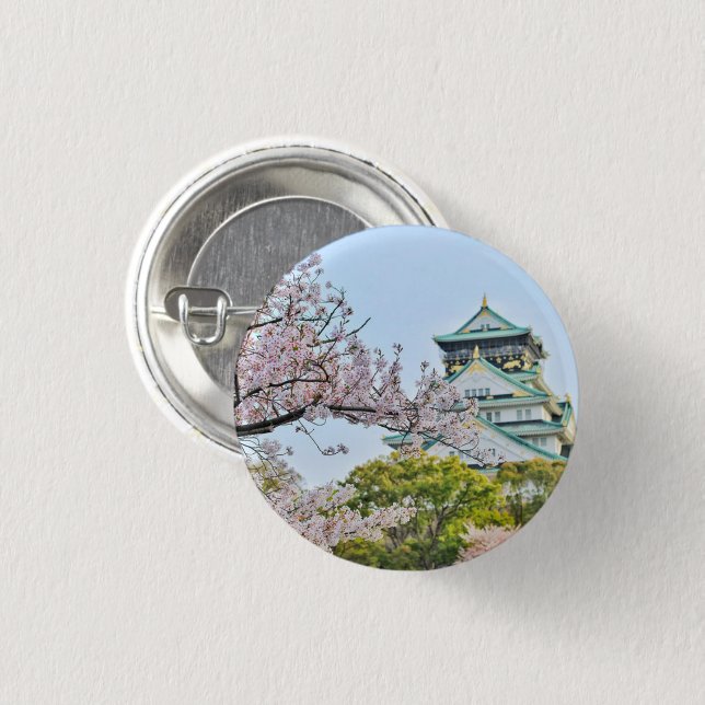 Badge Rond 2,50 Cm Château Himeji avec fleurs de cerisiers Japon (Devant & derrière)