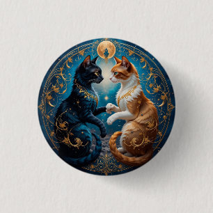 Badge Rond 2,50 Cm Chats célestes dans l'art cosmique avec or et bleu