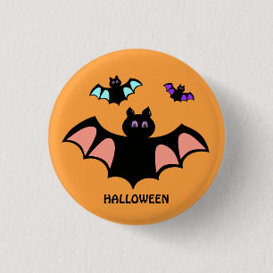 Badge Rond 2,50 Cm Chauve-souris éffrayante d'Halloween sur Orange