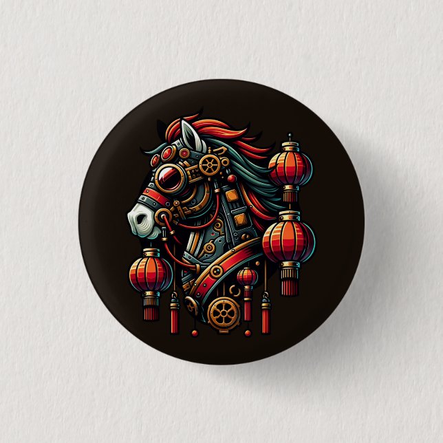 Badge Rond 2,50 Cm Cheval chinois de Nouvel An Steampunk (Devant)