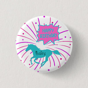Badge Rond 2,50 Cm Cheval Joyeux Anniversaire rose violet Turquoise