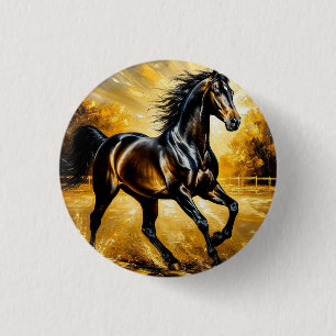 Badge Rond 2,50 Cm Cheval noir galopant dans l'eau sous un coucher de