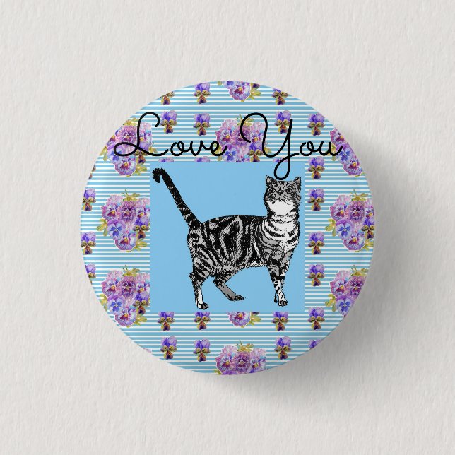 Badge Rond 2,50 Cm Chic Bleu Shabby Tabby Chat Amour Coeur (Devant)