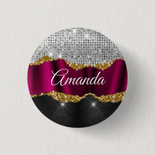 Badge Rond 2,50 Cm Chic faux argent parties scintillant Fuchsia noir