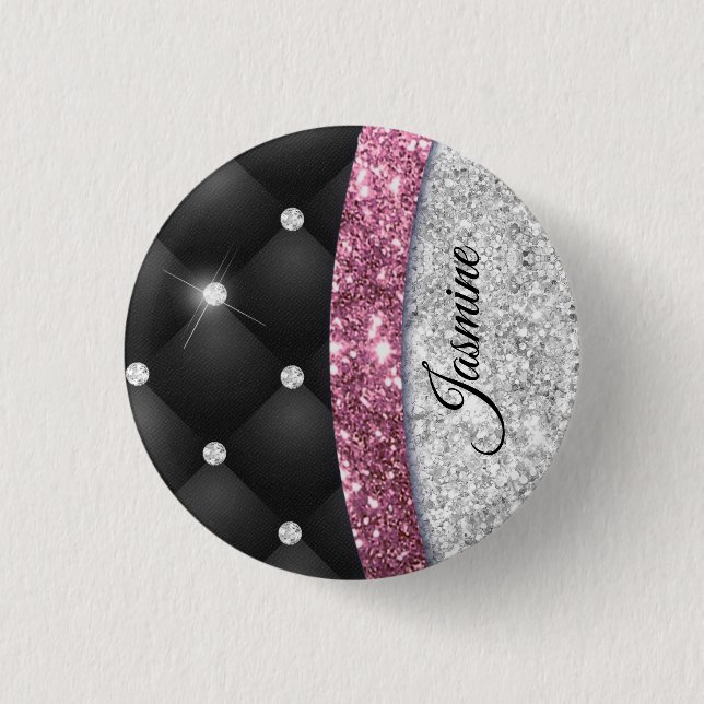 Badge Rond 2,50 Cm Chic girly faux parties scintillant argent noir ro (Devant)