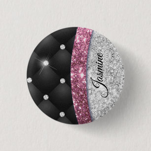 Badge Rond 2,50 Cm Chic girly faux parties scintillant argent noir ro