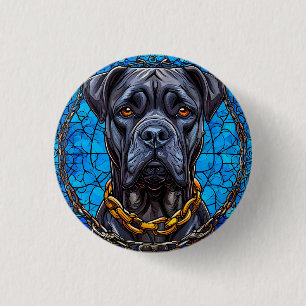 Badge Rond 2,50 Cm Chien Cane Corso avec Chaînes en Vitrail Bleu