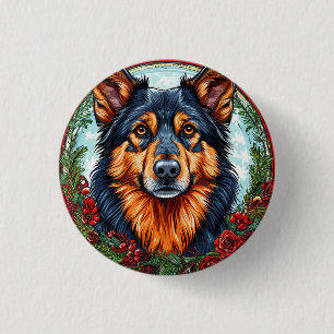 Badge Rond 2,50 Cm Chien de fête dans une couronne florale de Noël