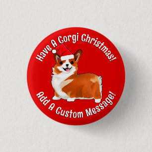 Badge Rond 2,50 Cm Chien de Noël Corgi avec chapeau de Père Noël