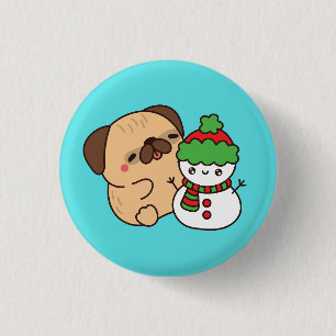 Badge Rond 2,50 Cm Chien de Noël et bonhomme de neige